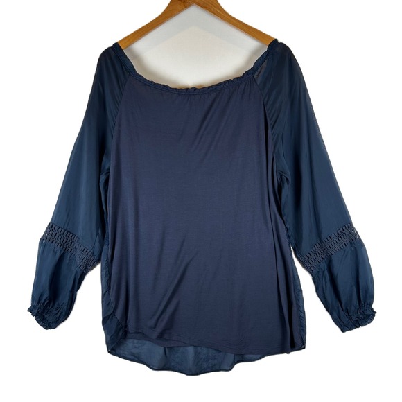 Sundance Crochet Trim Blouse Top Women's Medium Blue Long Sleeve Square Neck - Picture 2 of 7